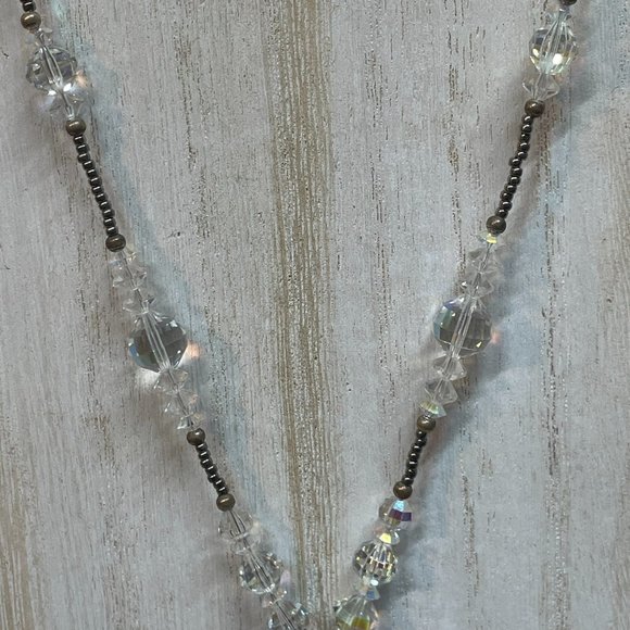 REPURPOSED vintage BROOCH clear faceted crystal glass bead NECKLACE artisan made - Picture 4 of 8